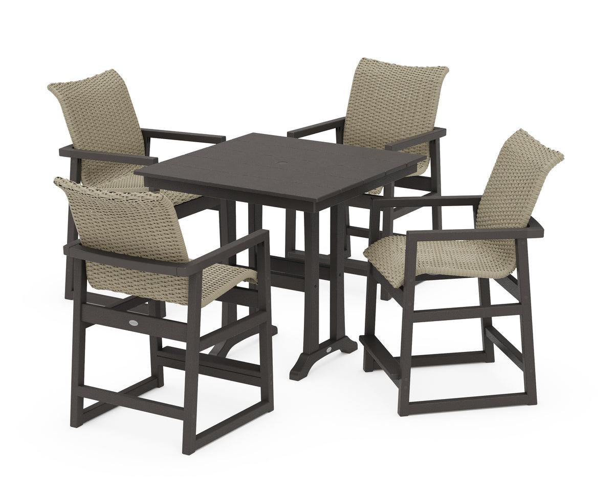 POLYWOOD EDGE Woven 5-Piece Farmhouse Counter Set with Trestle Legs in Vintage Coffee / Dune Grass