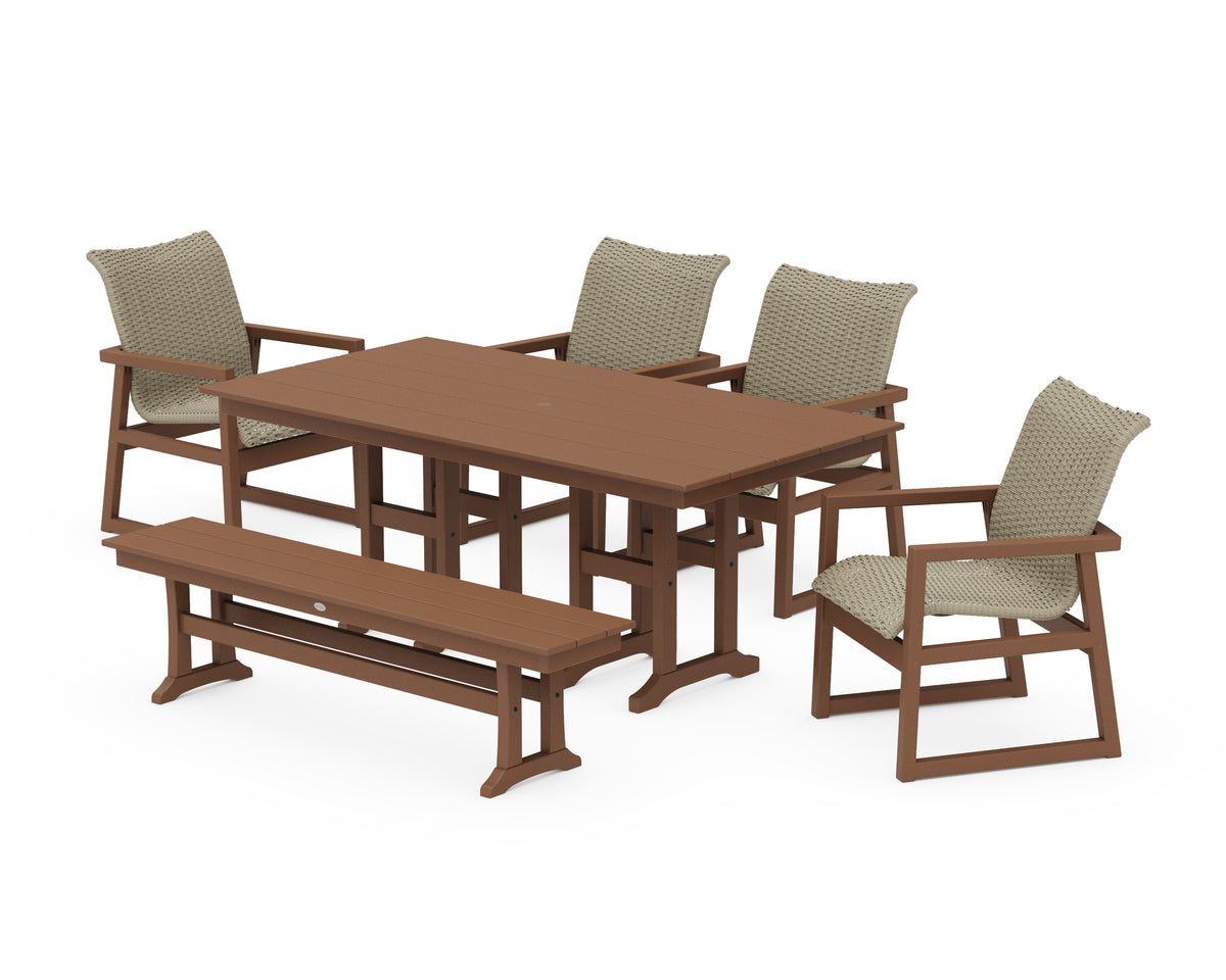 POLYWOOD EDGE Woven 6-Piece Farmhouse Dining Set with Bench in Teak / Dune Grass