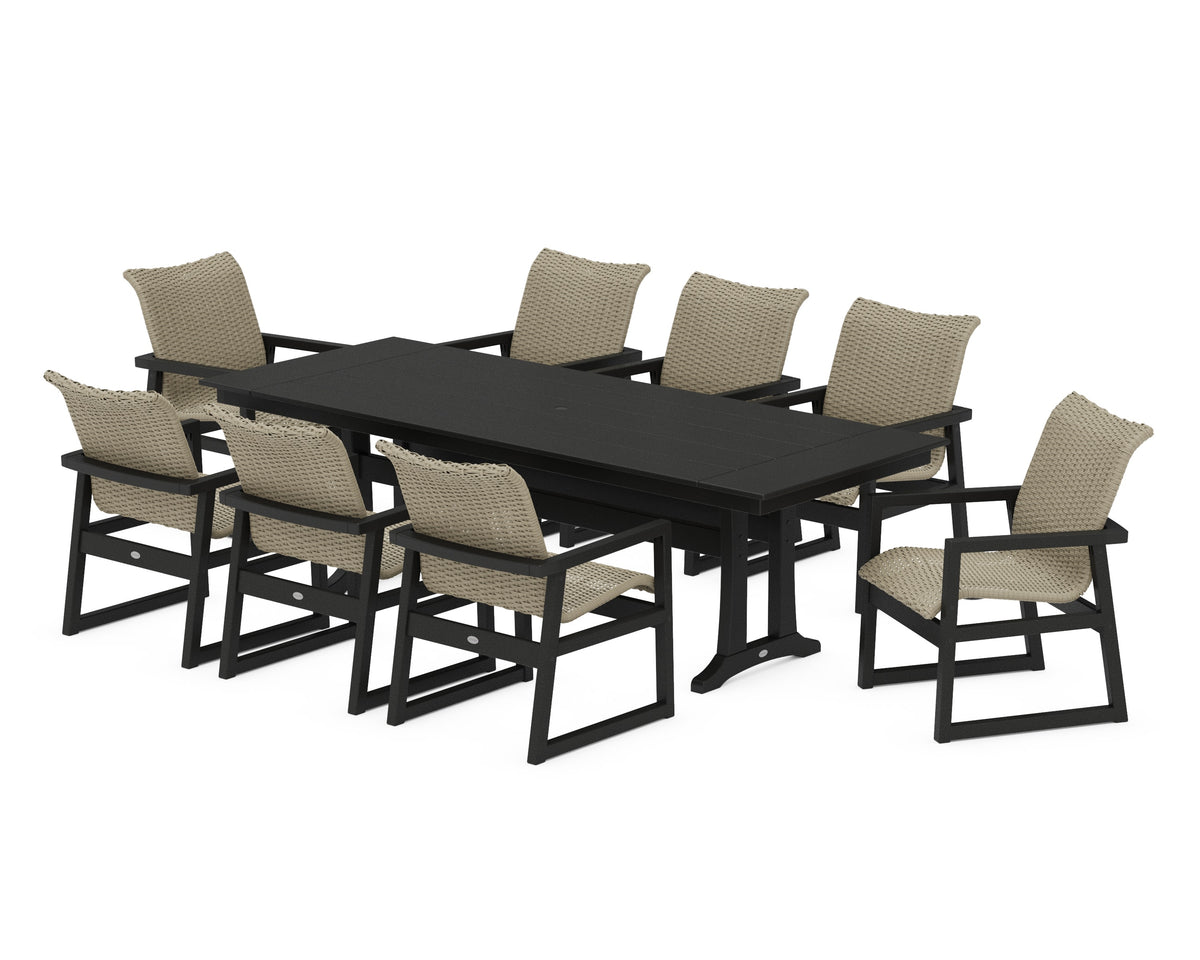 POLYWOOD EDGE Woven 9-Piece Farmhouse Dining Set with Trestle Legs in Black / Dune Grass