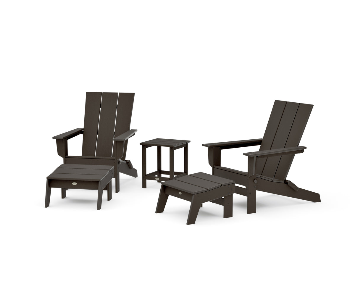 POLYWOOD 5-Piece Modern Studio Folding Adirondack Set with Ottomans and Side Table in Vintage Coffee