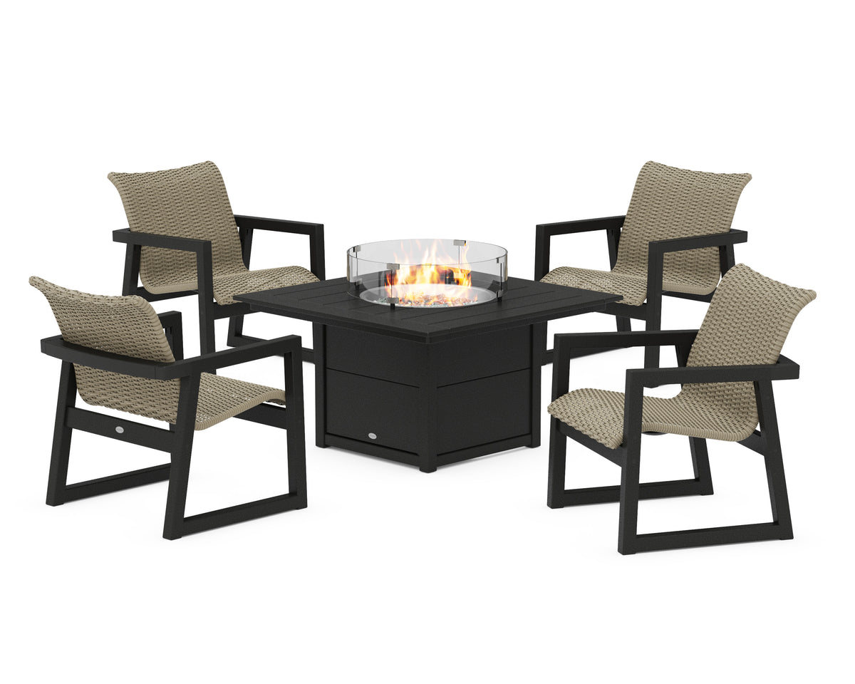 POLYWOOD EDGE Woven 5-Piece Lounge Chair Seating Set with Fire Pit Table in Black / Dune Grass