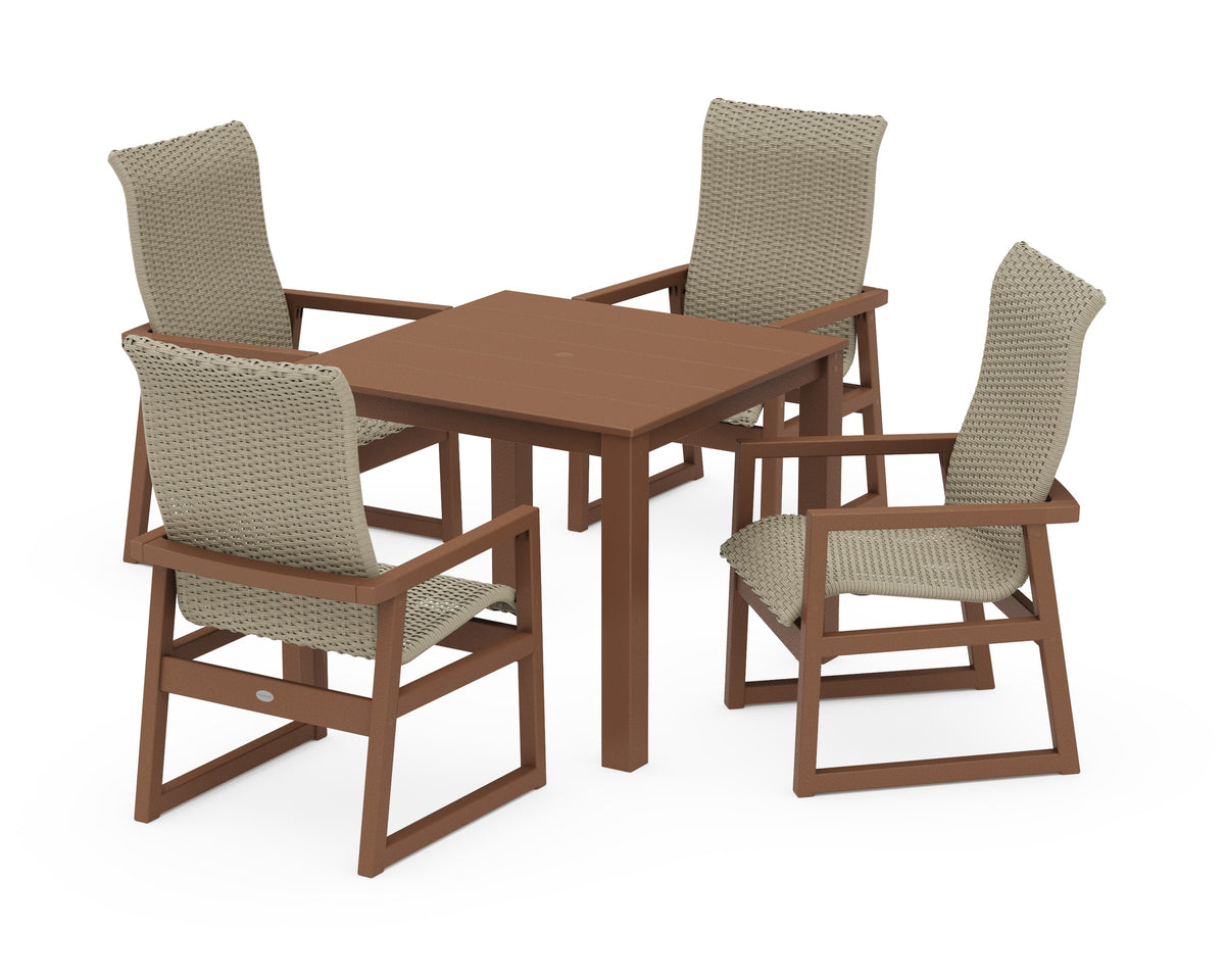 POLYWOOD EDGE Woven High-Back 5-Piece Parsons Dining Set in Teak / Dune Grass
