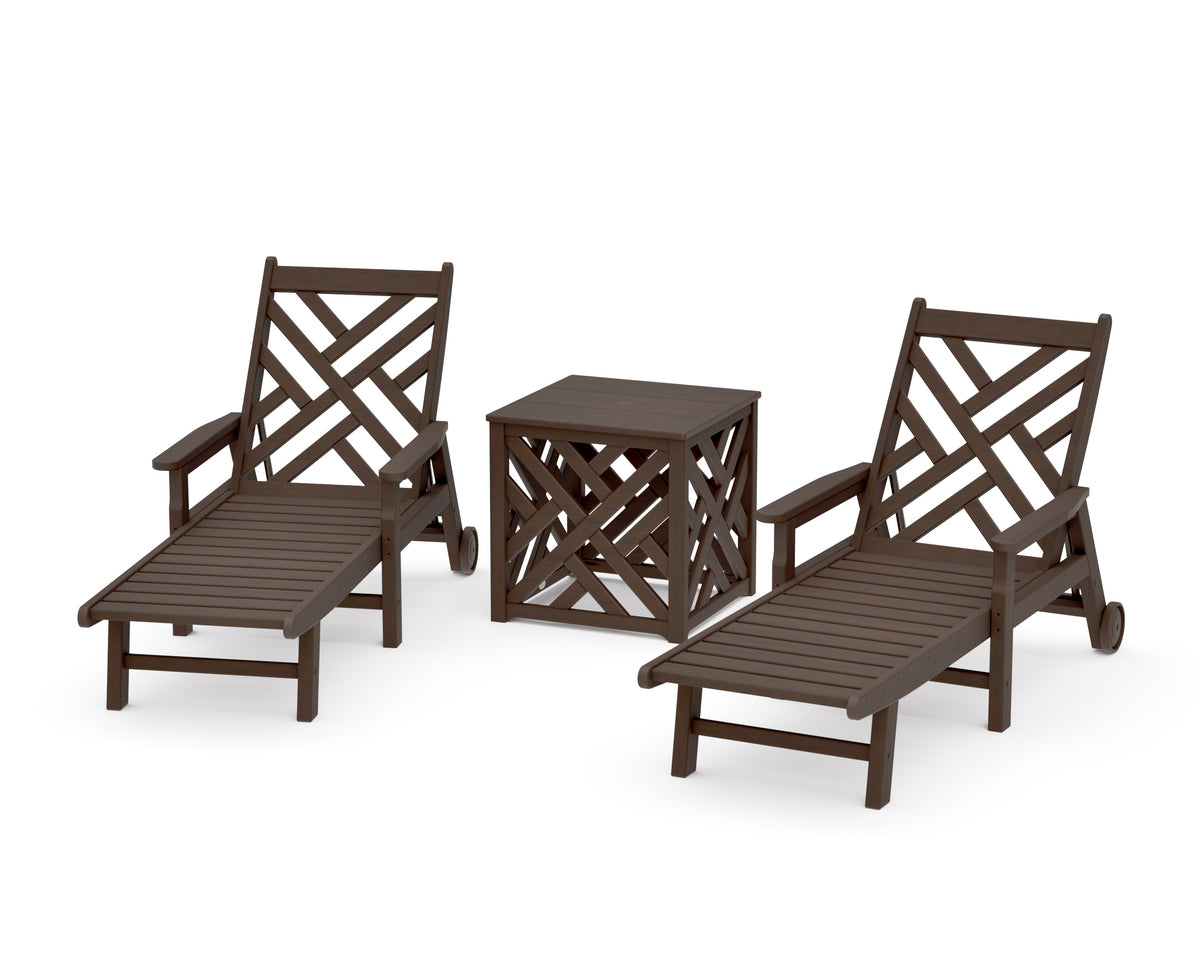 POLYWOOD Chippendale 3-Piece Chaise Set with Umbrella Stand Accent Table in Kona