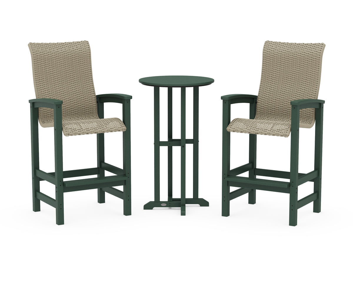 POLYWOOD Coastal Woven High-Back 3-Piece Farmhouse Bar Set in Green / Dune Grass