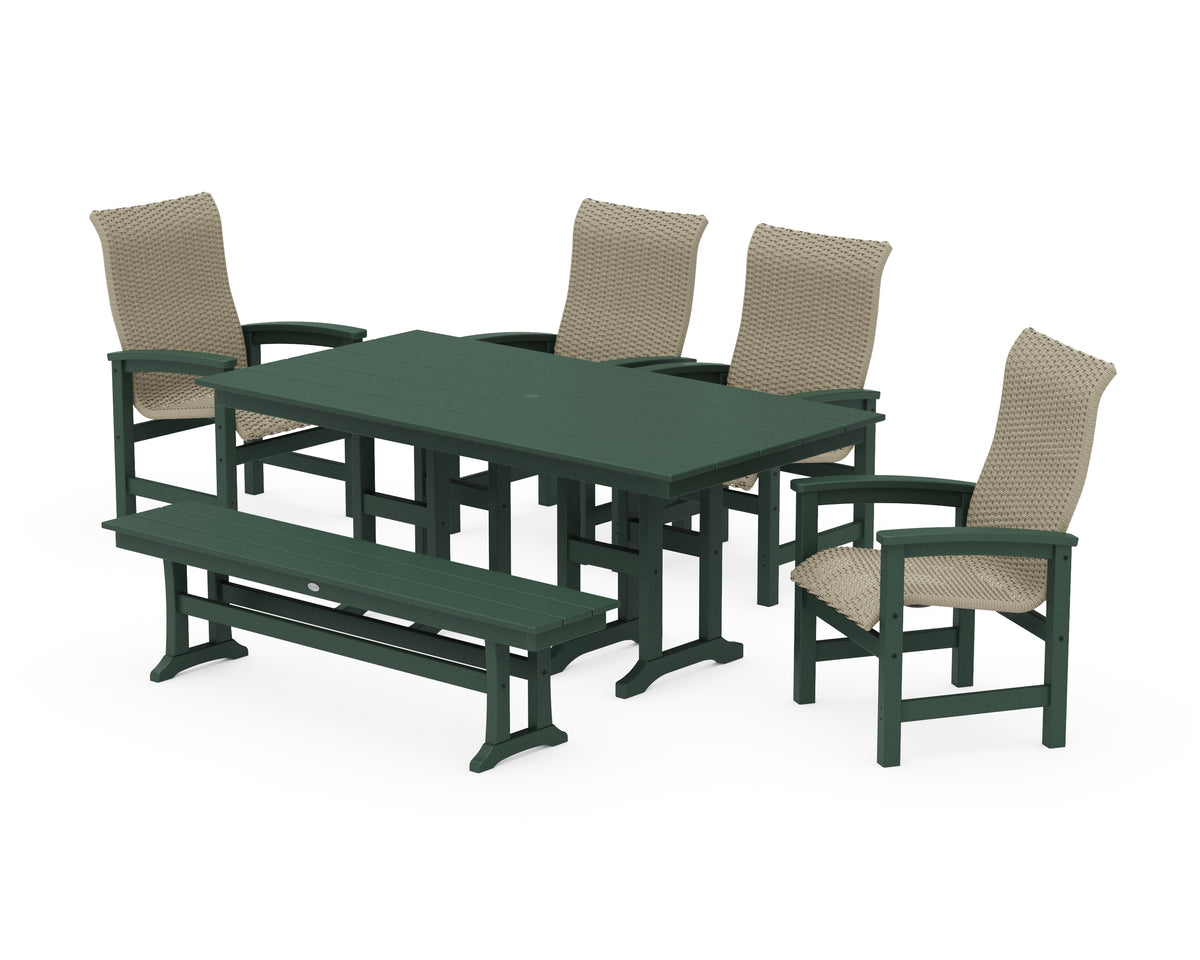 POLYWOOD Coastal Woven High-Back 6-Piece Farmhouse Dining Set with Bench with Farmhouse 37" x 72" Dining Table in Green / Dune Grass