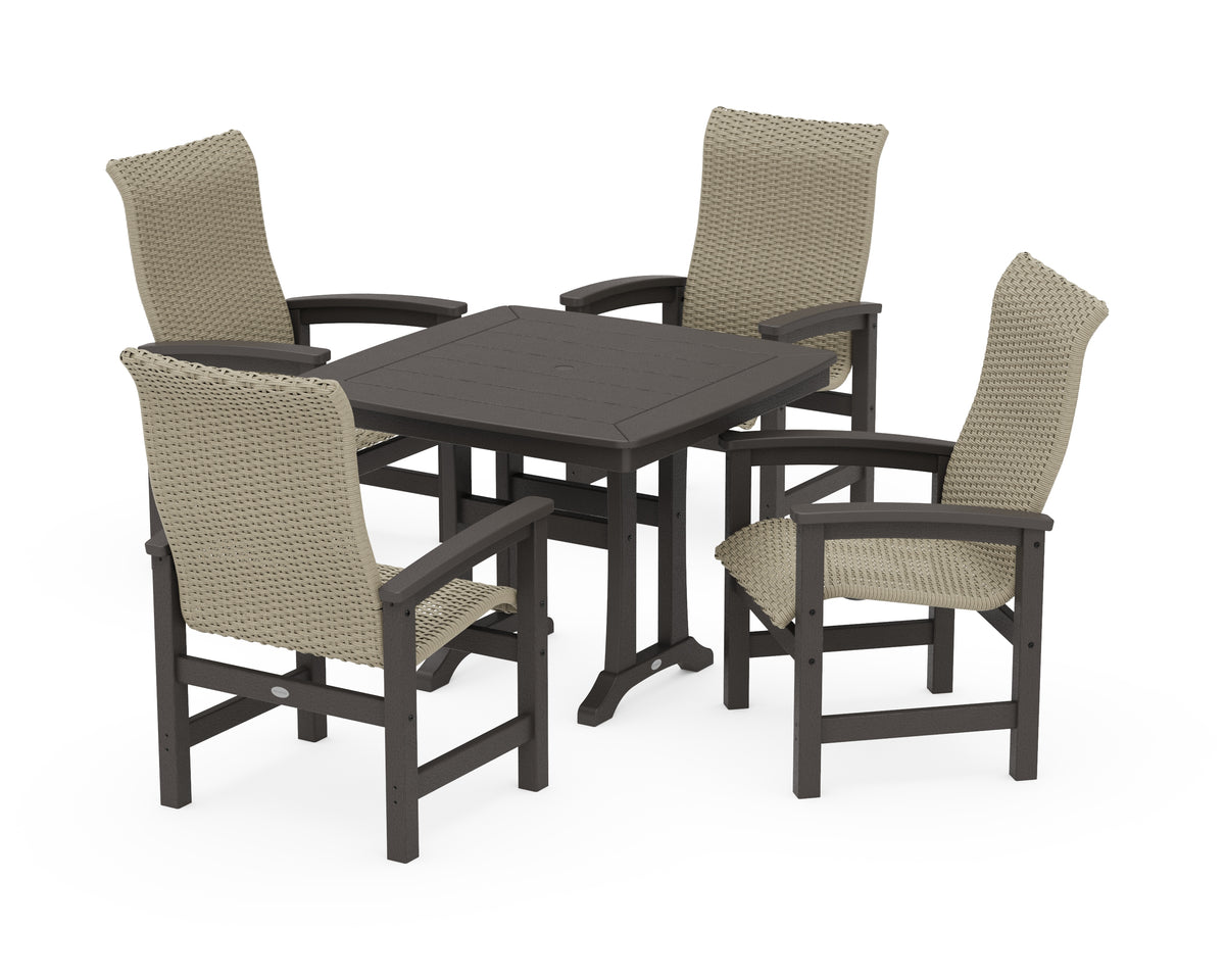 POLYWOOD Coastal Woven High-Back 5-Piece Dining Set with Trestle Legs in Vintage Coffee / Dune Grass