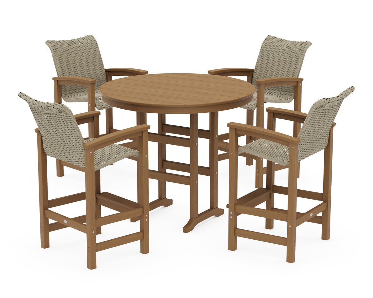 POLYWOOD Coastal Woven 5-Piece Round Farmhouse Bar Set in Natural / Dune Grass