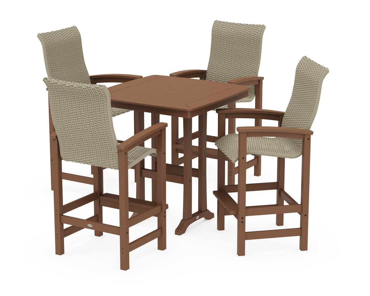 POLYWOOD Coastal Woven High-Back 5-Piece Bar Set with Trestle Legs in Teak / Dune Grass