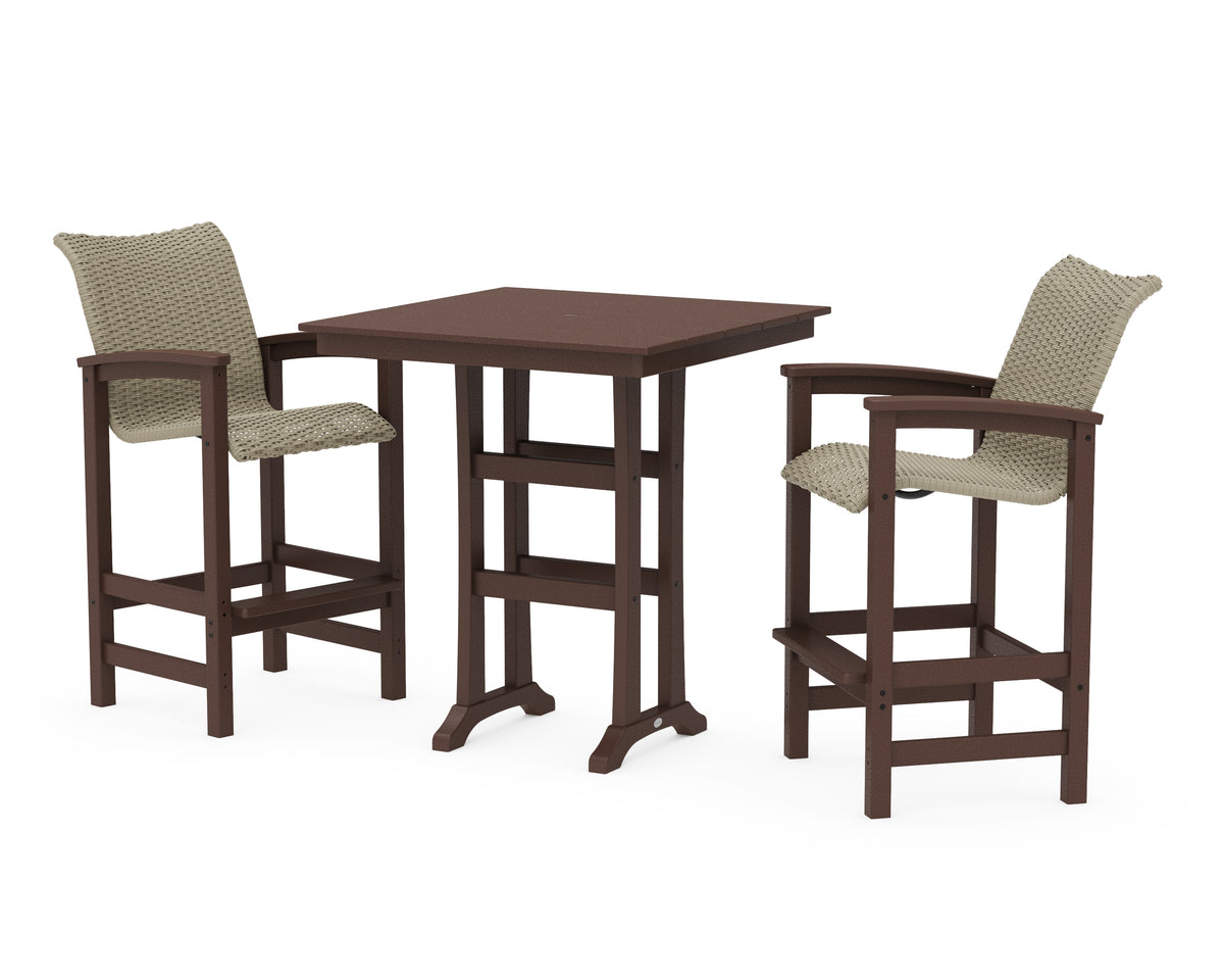 POLYWOOD Coastal Woven 3-Piece Farmhouse Bar Set with Trestle Legs in Mahogany / Dune Grass