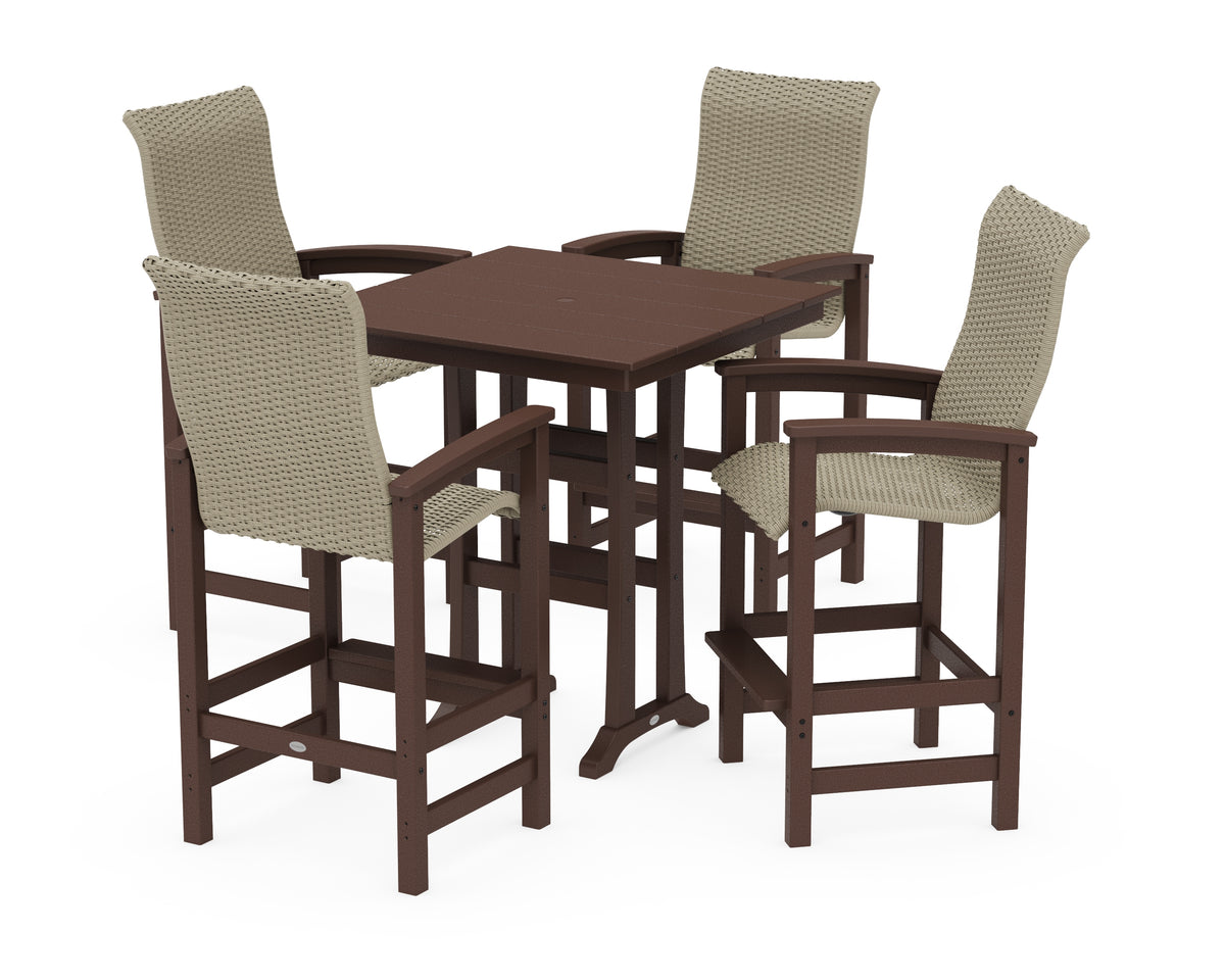 POLYWOOD Coastal Woven High-Back 5-Piece Farmhouse Bar Set with Trestle Legs in Mahogany / Dune Grass