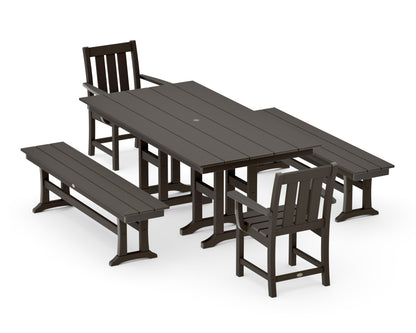 POLYWOOD Oxford 5-Piece Farmhouse Dining Set with Benches in Vintage Coffee