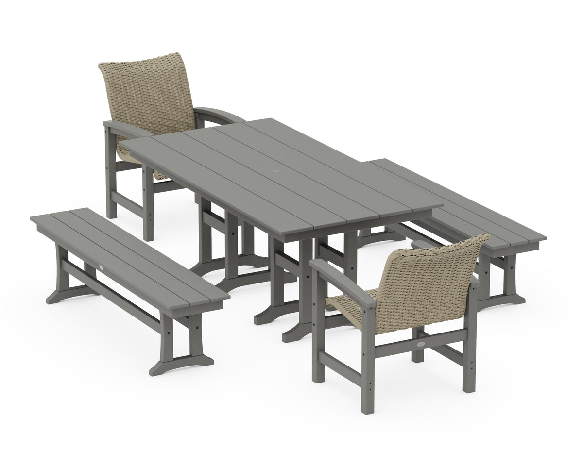POLYWOOD Coastal Woven 5-Piece Farmhouse Dining Set with Benches in Slate Grey / Dune Grass
