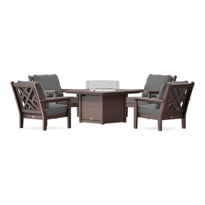 POLYWOOD Chippendale 5-Piece Deep Seating Set with Fire Pit Table in Mahogany