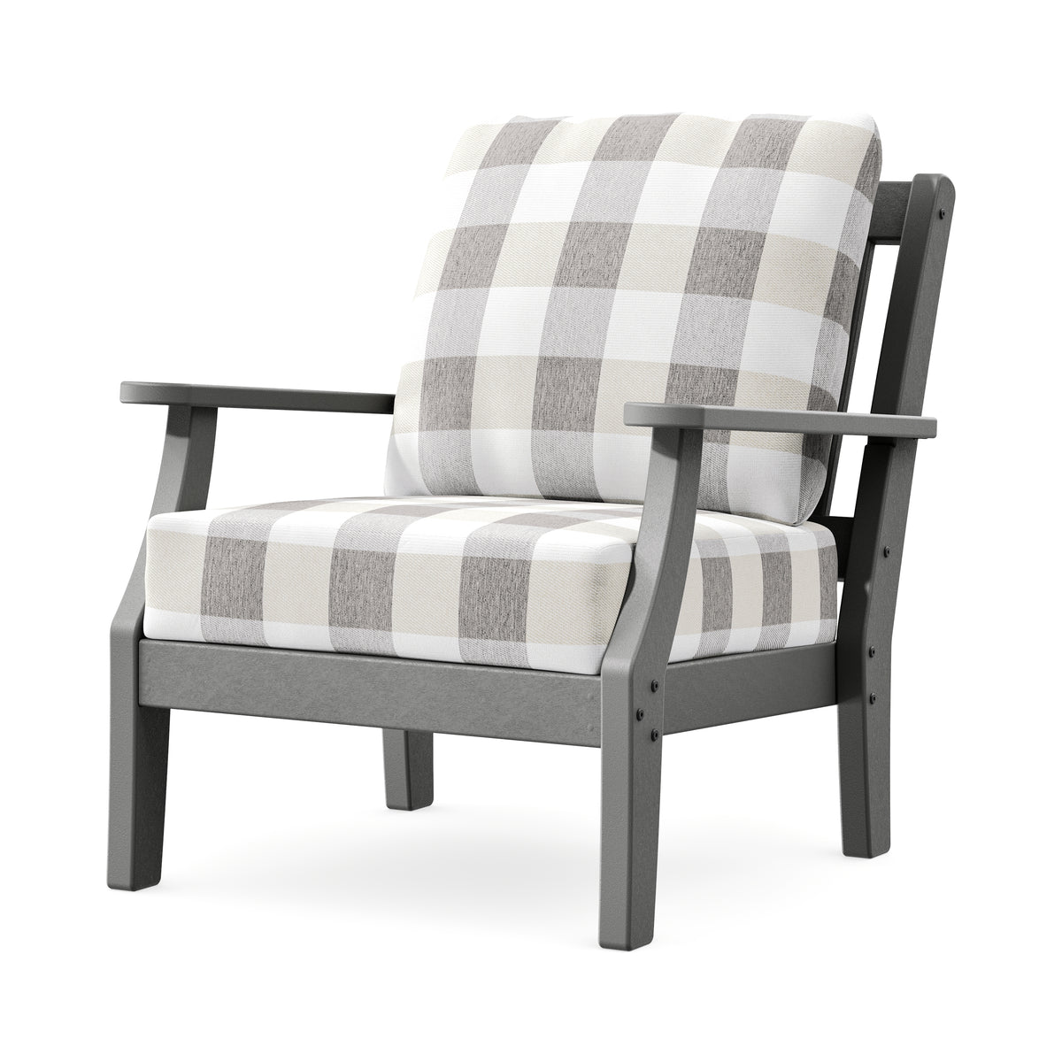 POLYWOOD Chinoiserie Deep Seating Chair in Slate Grey / Buffalo Plaid Grey Mist