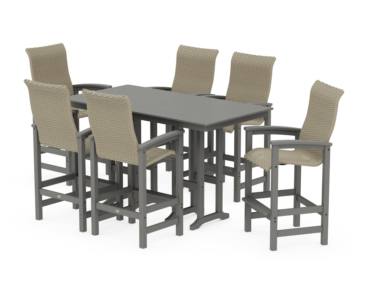 POLYWOOD Coastal Woven High-Back Arm Chair 7-Piece Farmhouse Bar Set in Slate Grey / Dune Grass