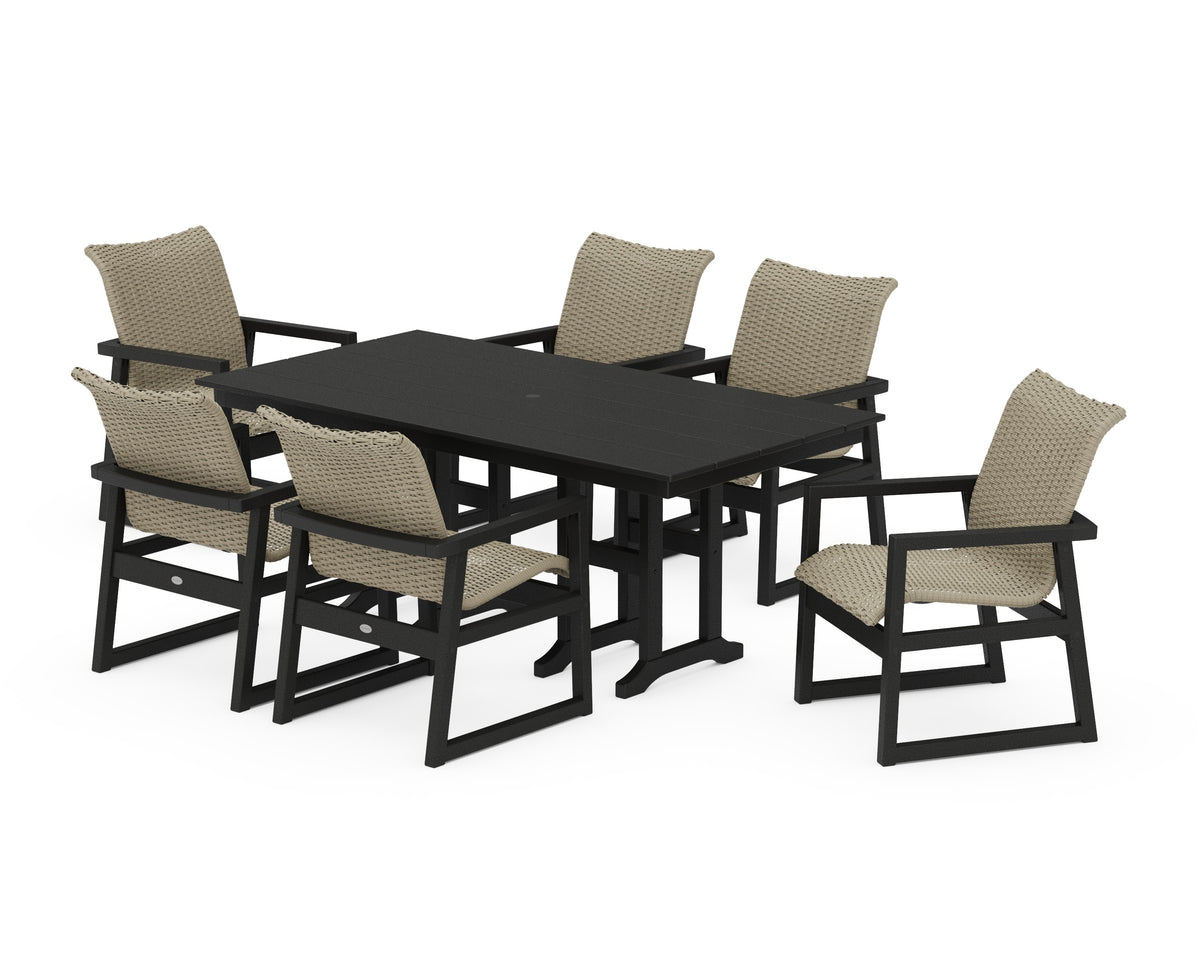 POLYWOOD EDGE Woven Arm Chair 7-Piece Farmhouse Dining Set in Black / Dune Grass