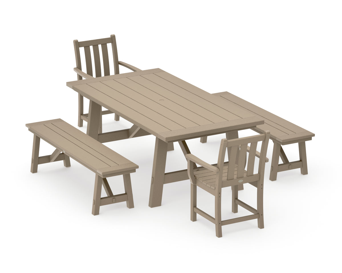 POLYWOOD Traditional Garden 5-Piece Rustic Farmhouse Dining Set with Benches in Vintage Sahara