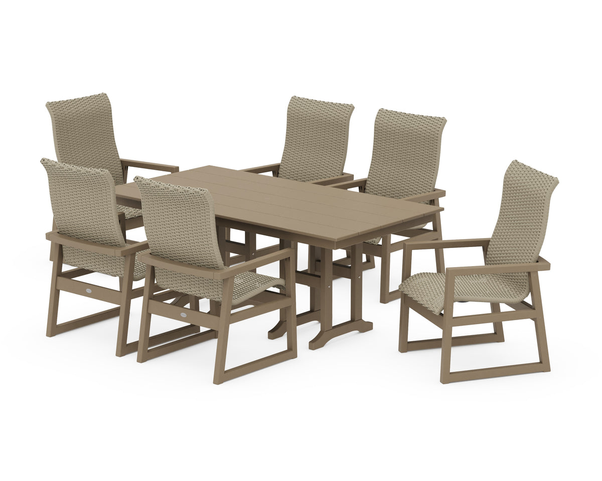 POLYWOOD EDGE Woven High-Back Arm Chair 7-Piece Farmhouse Dining Set in Vintage Sahara / Dune Grass