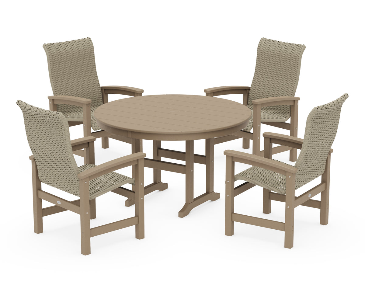 POLYWOOD Coastal Woven High-Back 5-Piece Round Farmhouse Dining Set in Vintage Sahara / Dune Grass