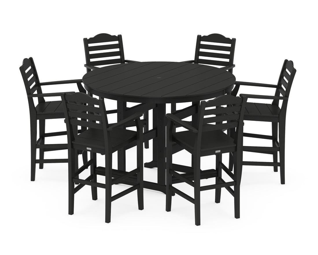 POLYWOOD Savannah 7-Piece Arm Chair Round Farmhouse Bar Set in Black