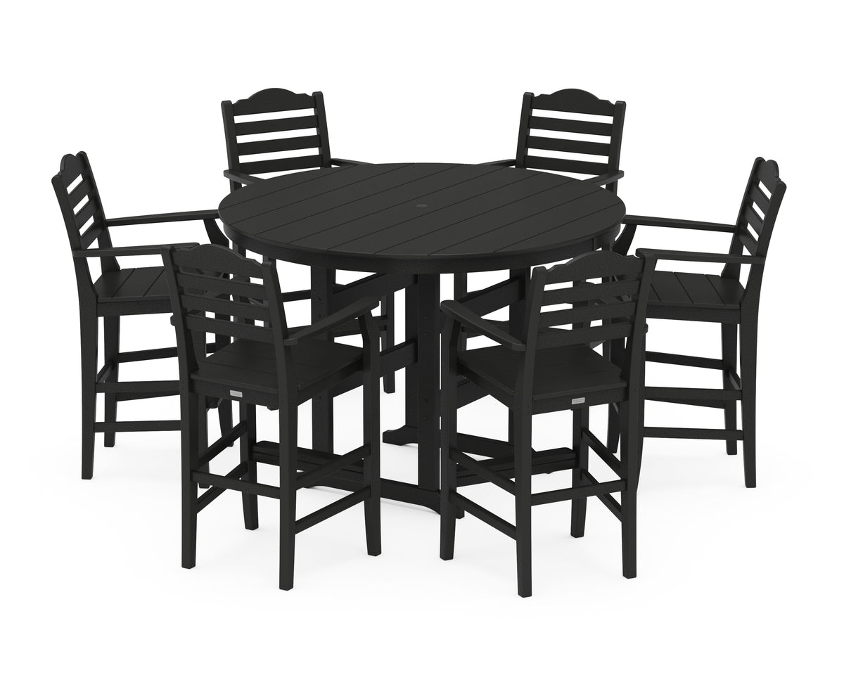 POLYWOOD Savannah 7-Piece Arm Chair Round Farmhouse Bar Set in Black