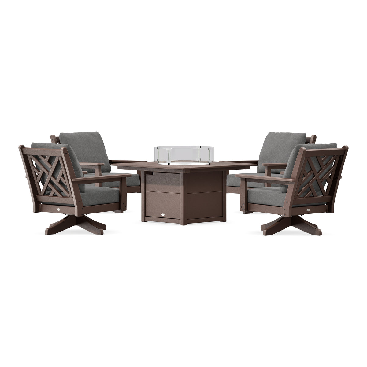 POLYWOOD Chippendale 5-Piece Deep Seating Swivel Conversation Set with Fire Pit Table in Mahogany