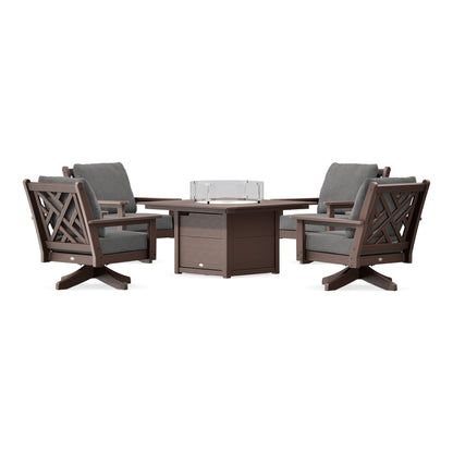 POLYWOOD Chippendale 5-Piece Deep Seating Swivel Conversation Set with Fire Pit Table in Mahogany