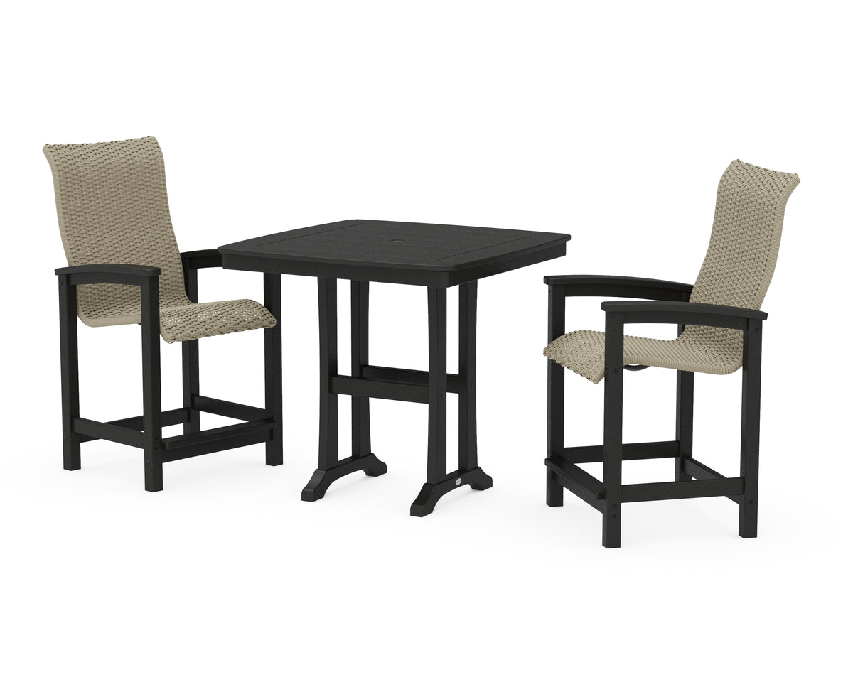 POLYWOOD Coastal Woven High-Back 3-Piece Counter Set with Trestle Legs in Black / Dune Grass