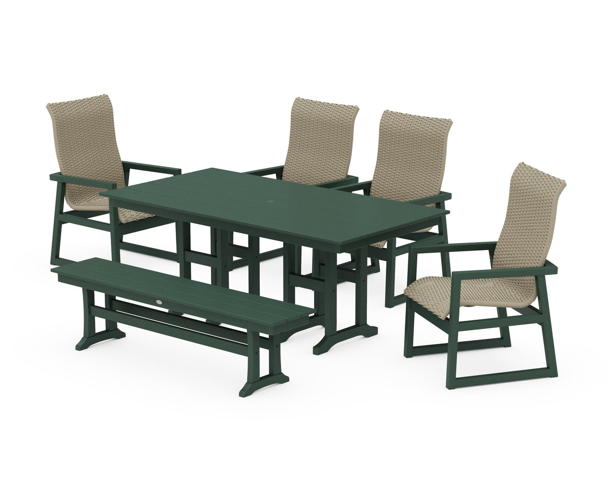 POLYWOOD EDGE Woven High-Back 6-Piece Farmhouse Dining Set with Bench in Green / Dune Grass