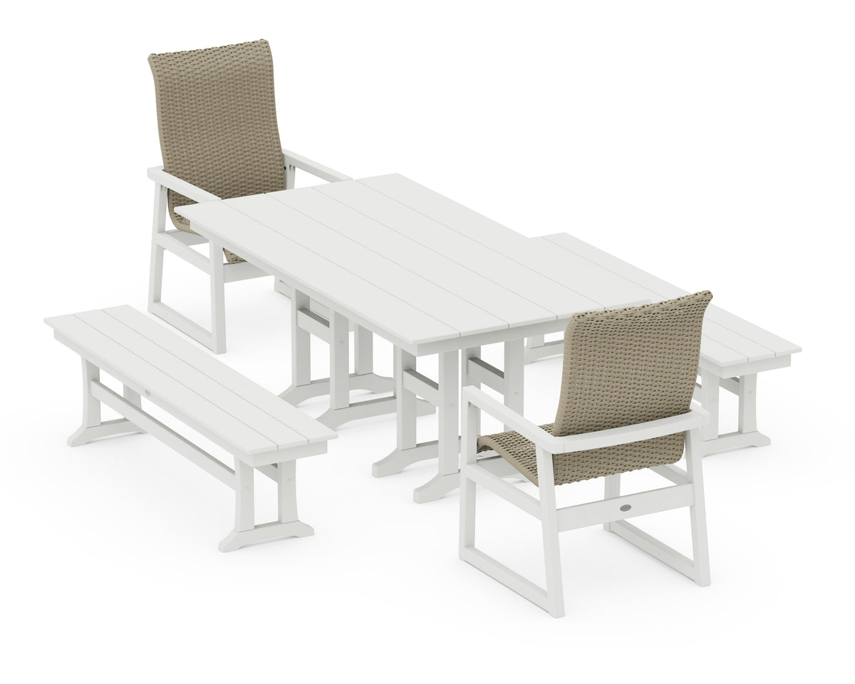 POLYWOOD EDGE Woven High-Back 5-Piece Farmhouse Dining Set with Benches in Vintage White / Dune Grass