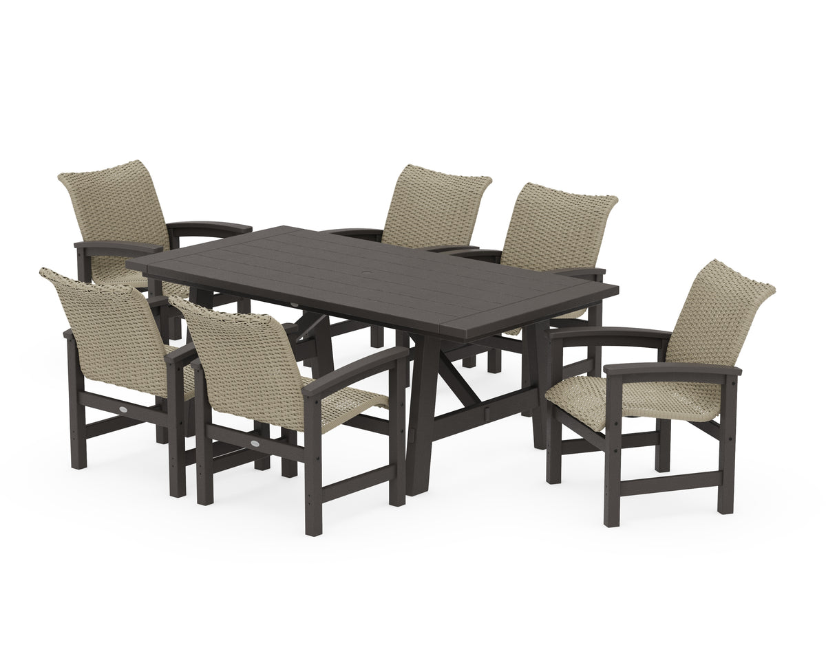 POLYWOOD Coastal Woven Arm Chair 7-Piece Rustic Farmhouse Dining Set in Vintage Coffee / Dune Grass