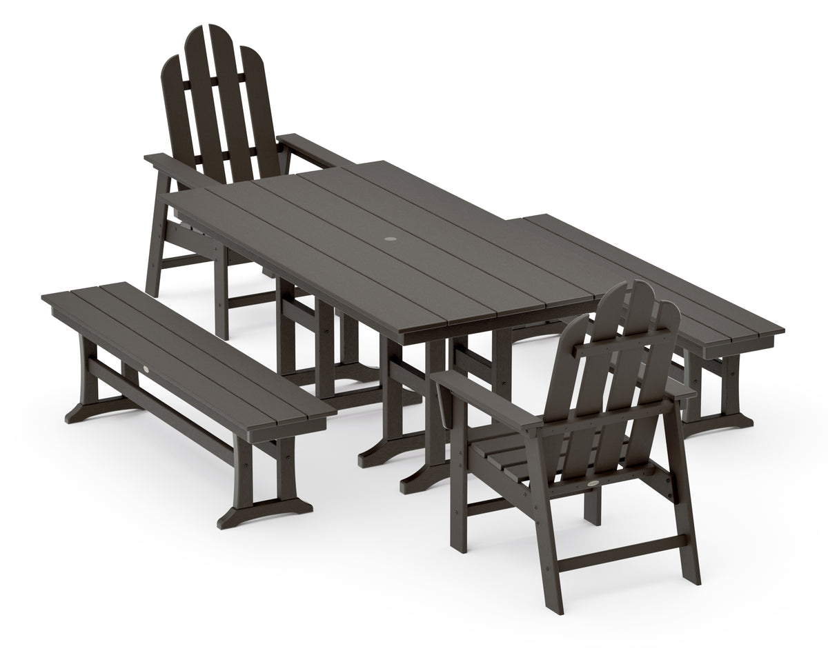 POLYWOOD Long Island 5-Piece Farmhouse Dining Set with Benches in Vintage Coffee