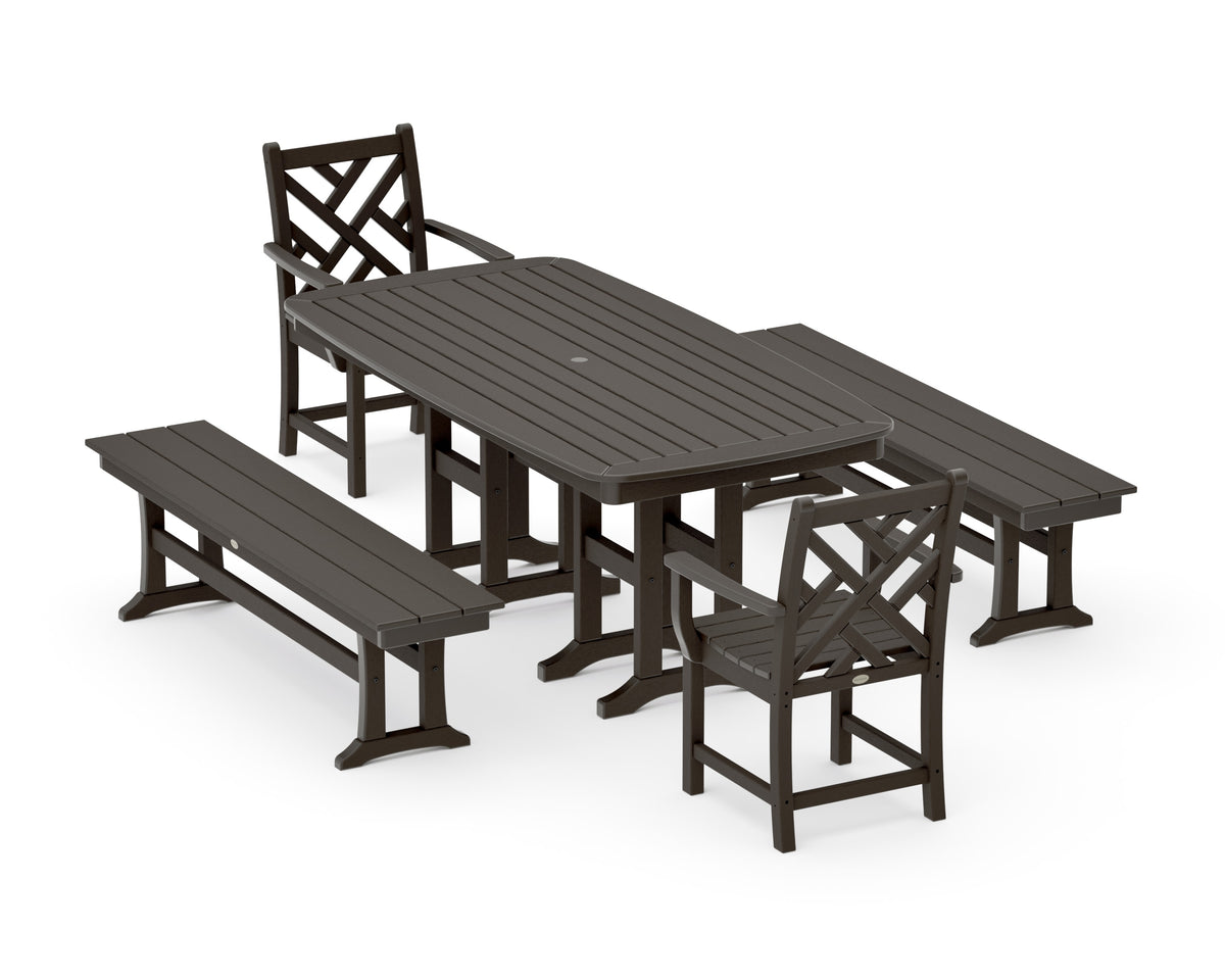 POLYWOOD Chippendale 5-Piece Dining Set with Benches - 37" x 72" Table in Vintage Coffee