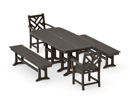 POLYWOOD Chippendale 5-Piece Dining Set with Benches - 37" x 72" Table in Vintage Coffee