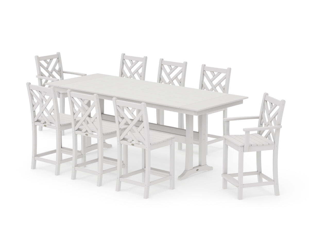 POLYWOOD Chippendale 9-Piece Farmhouse Counter Set with Trestle Legs in Vintage White