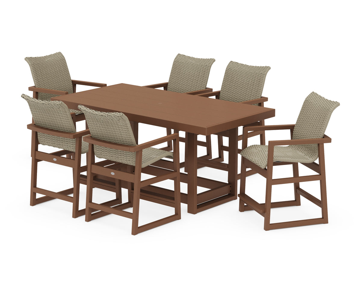 POLYWOOD EDGE Woven Arm Chair 7-Piece Counter Set in Teak / Dune Grass