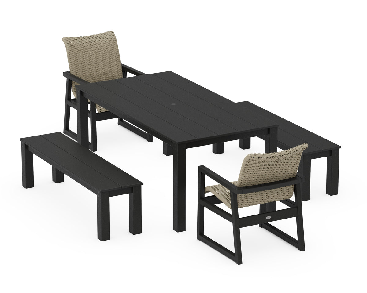 POLYWOOD EDGE Woven 5-Piece Parsons Dining Set with Benches in Black / Dune Grass