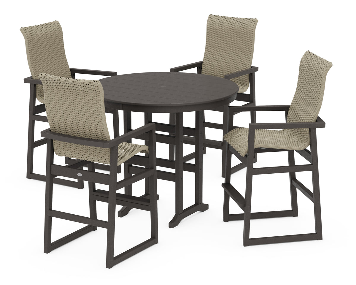 POLYWOOD EDGE Woven Highback 5-Piece Round Farmhouse Bar Set in Vintage Coffee / Dune Grass