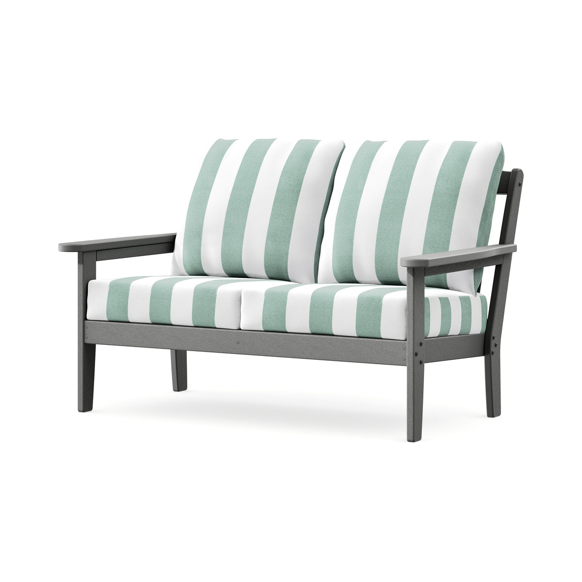 POLYWOOD Cottage Deep Seating Loveseat in Slate Grey / Cabana Stripe Glacier Spa