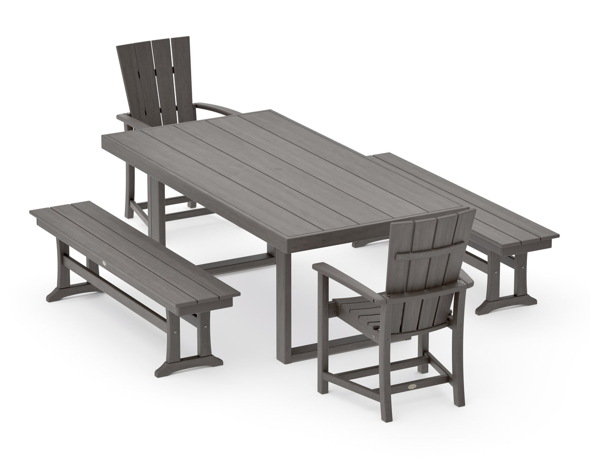 POLYWOOD Quattro 5-Piece Dining Set with Benches in Driftwood