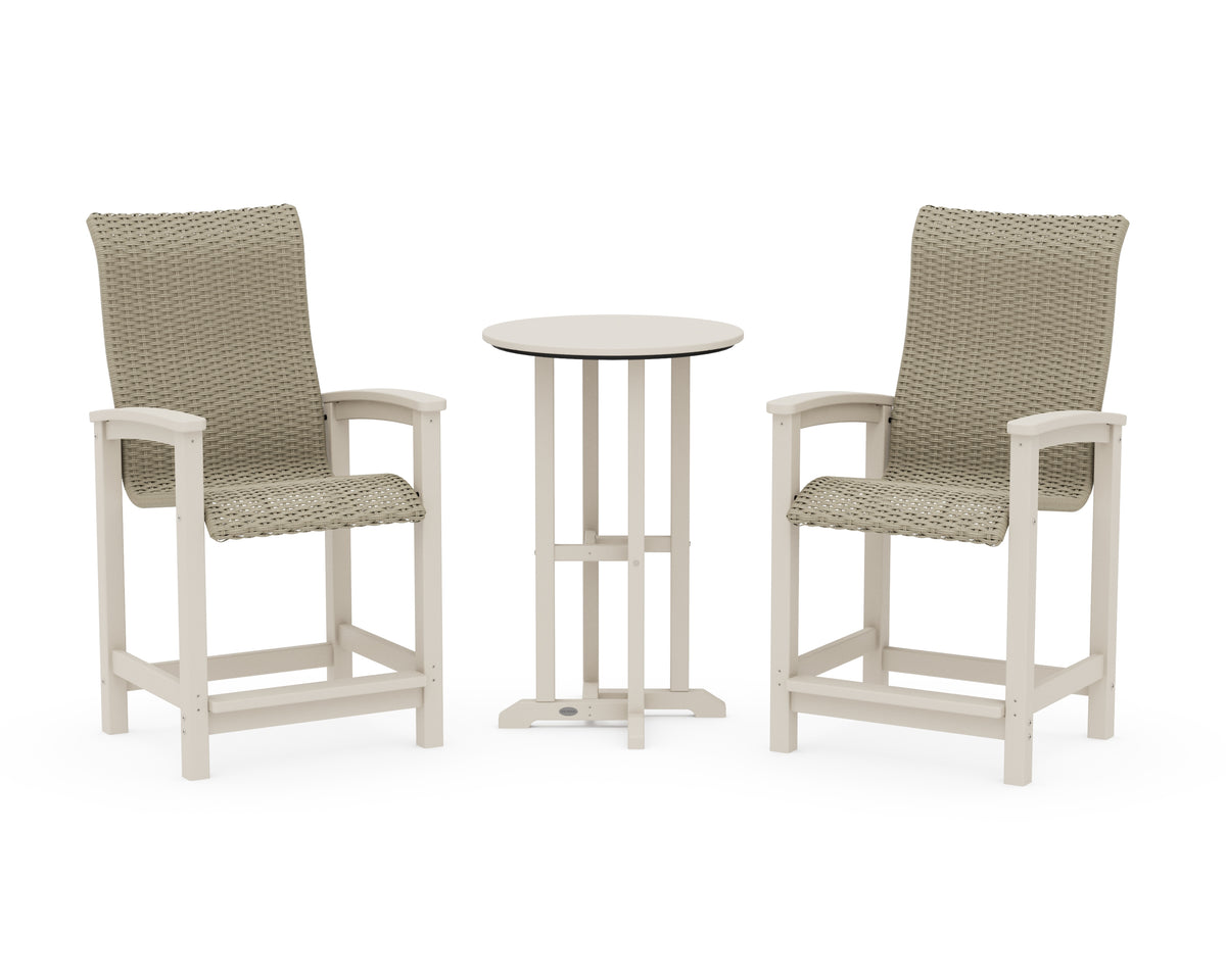 POLYWOOD Coastal Woven High-Back 3-Piece Farmhouse Counter Set in Sand / Dune Grass