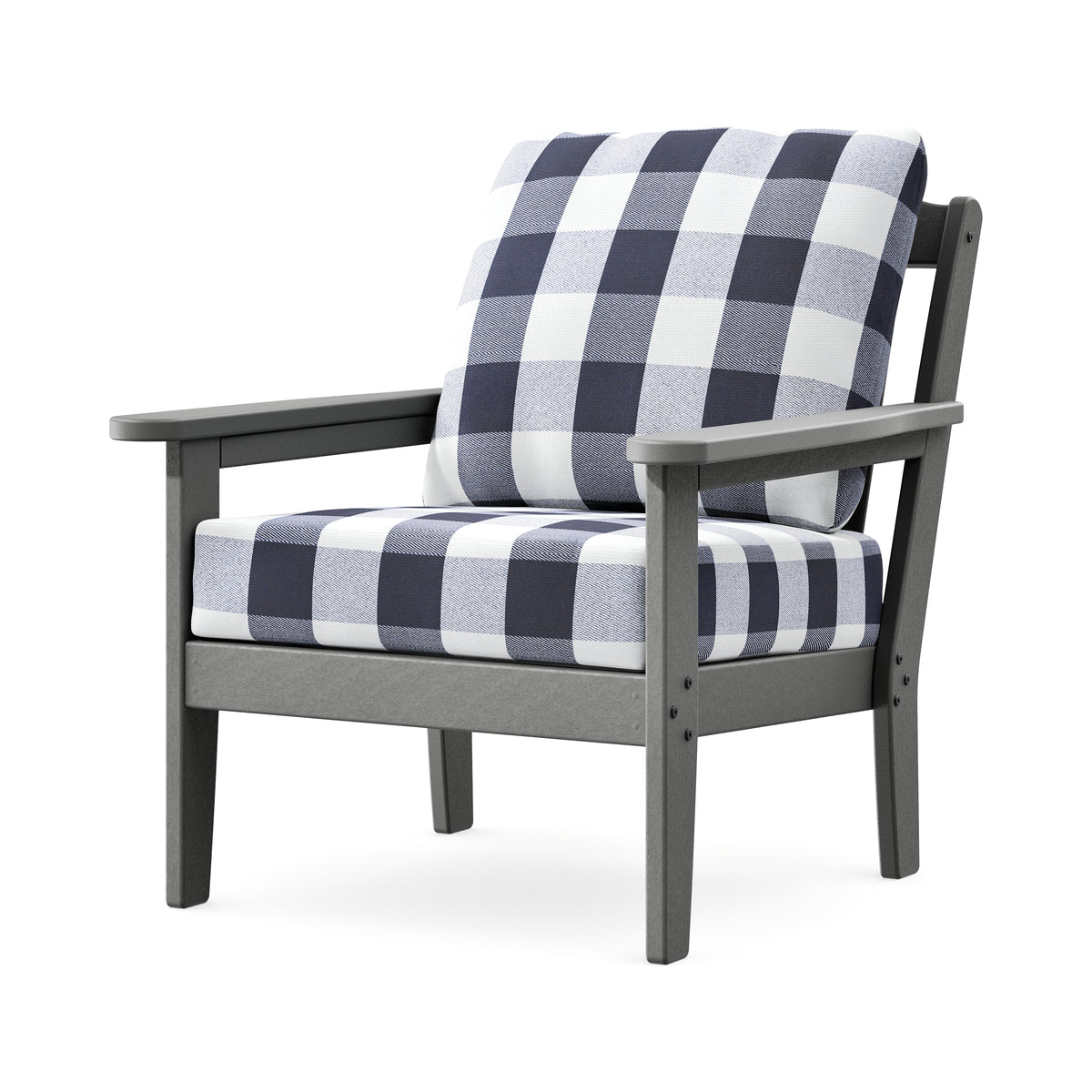 POLYWOOD Cottage Deep Seating Chair in Slate Grey / Buffalo Plaid Navy