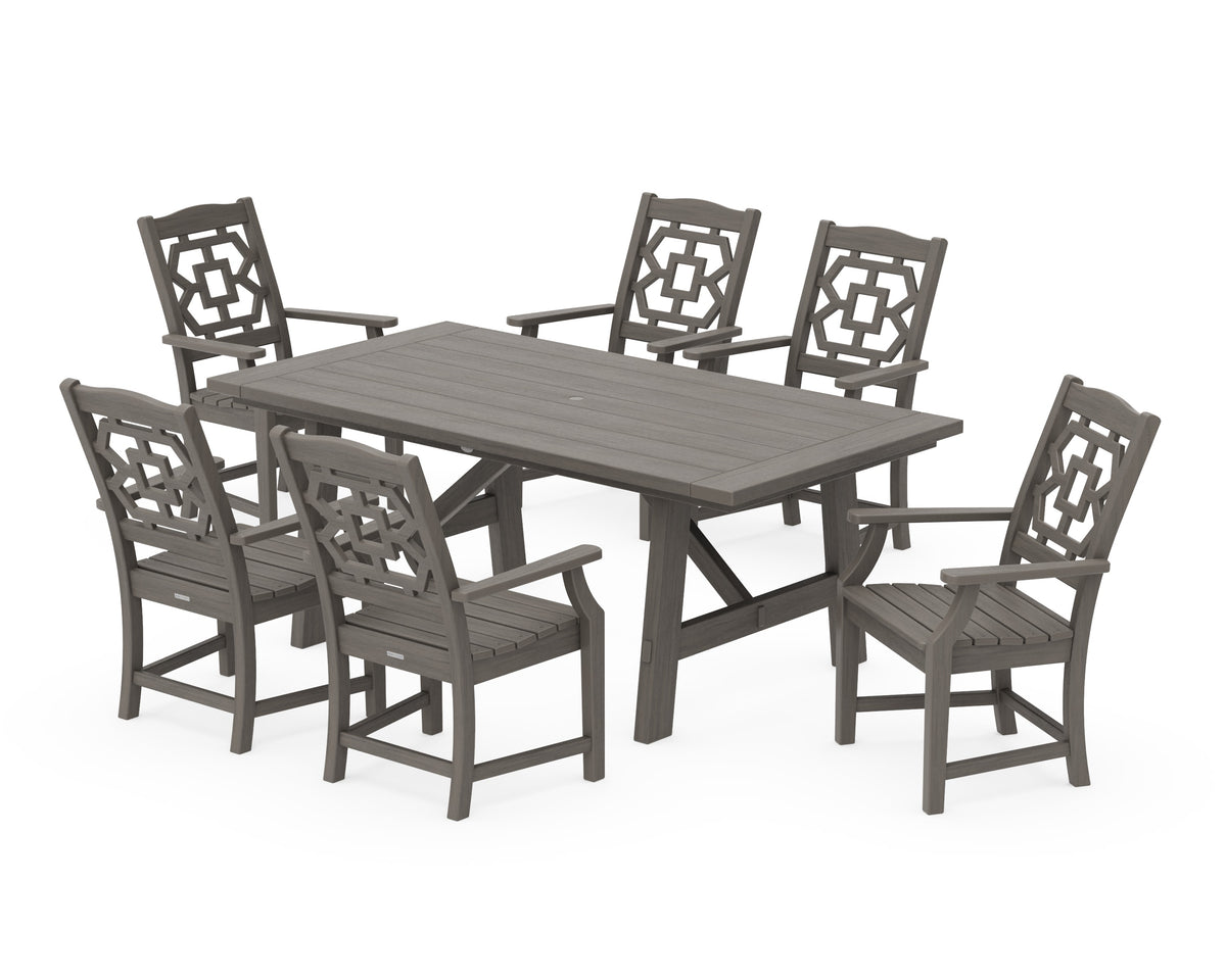 POLYWOOD Chinoiserie Arm Chair 7-Piece Rustic Farmhouse Dining Set in Driftwood