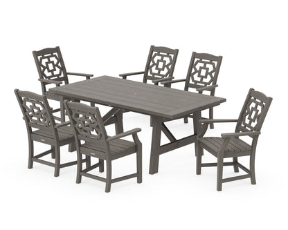 POLYWOOD Chinoiserie Arm Chair 7-Piece Rustic Farmhouse Dining Set in Driftwood
