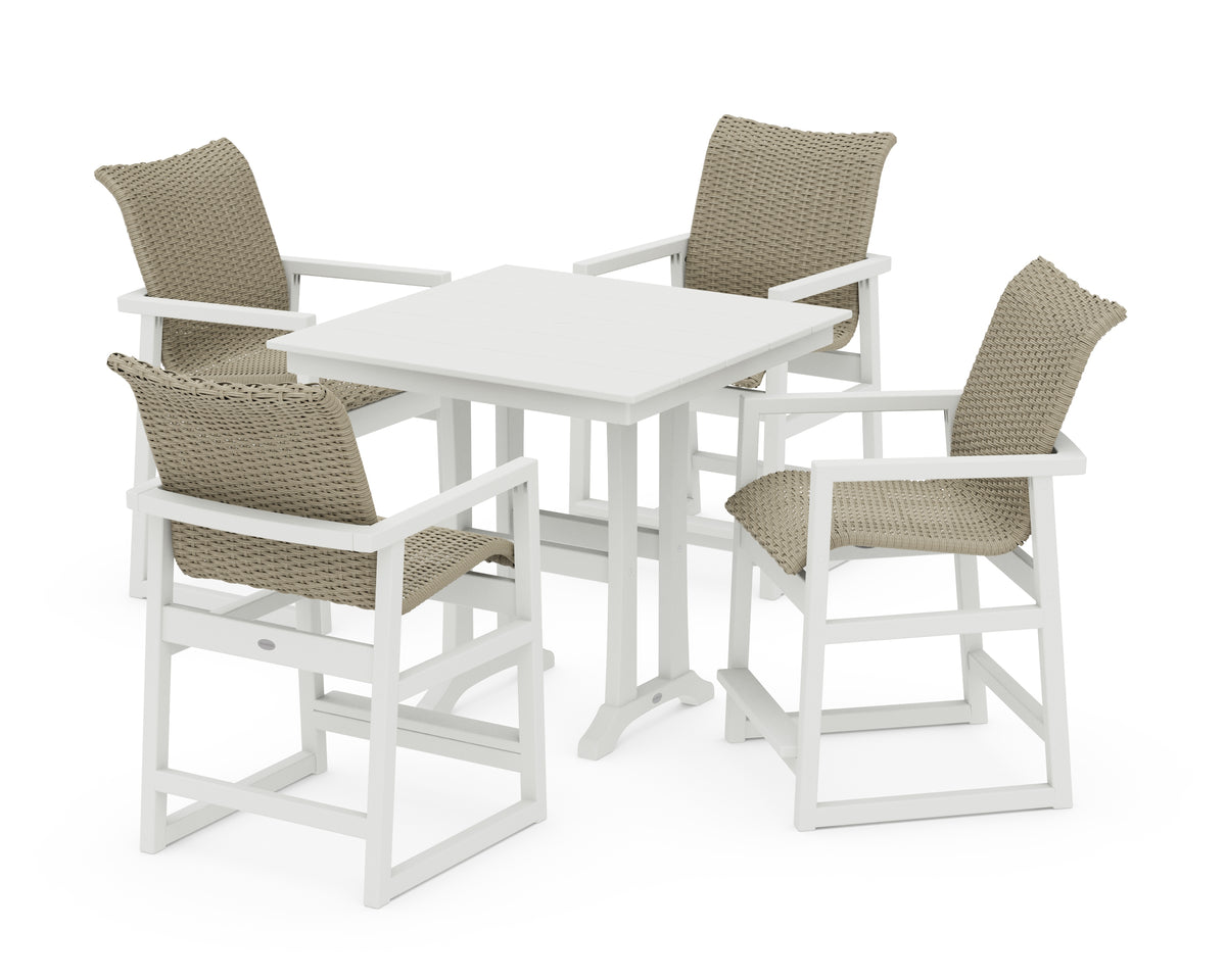 POLYWOOD EDGE Woven 5-Piece Farmhouse Counter Set with Trestle Legs in Vintage White / Dune Grass