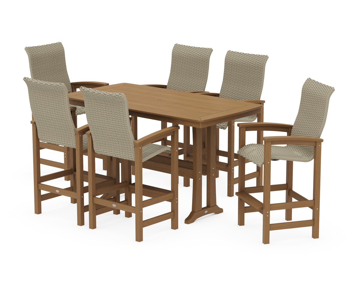 POLYWOOD Coastal Woven High-Back Arm Chair 7-Piece Bar Set with Trestle Legs in Natural / Dune Grass