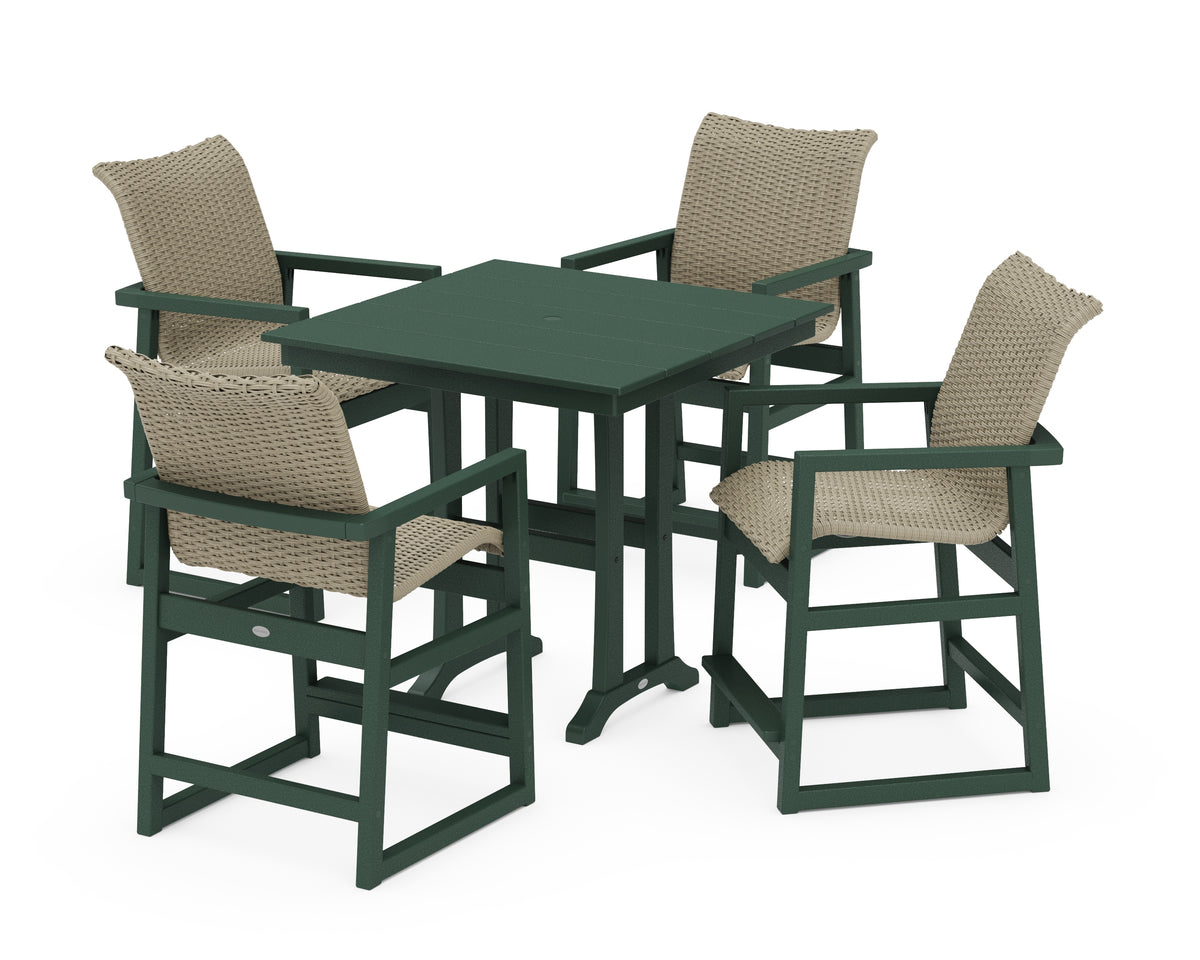 POLYWOOD EDGE Woven 5-Piece Farmhouse Counter Set with Trestle Legs in Green / Dune Grass