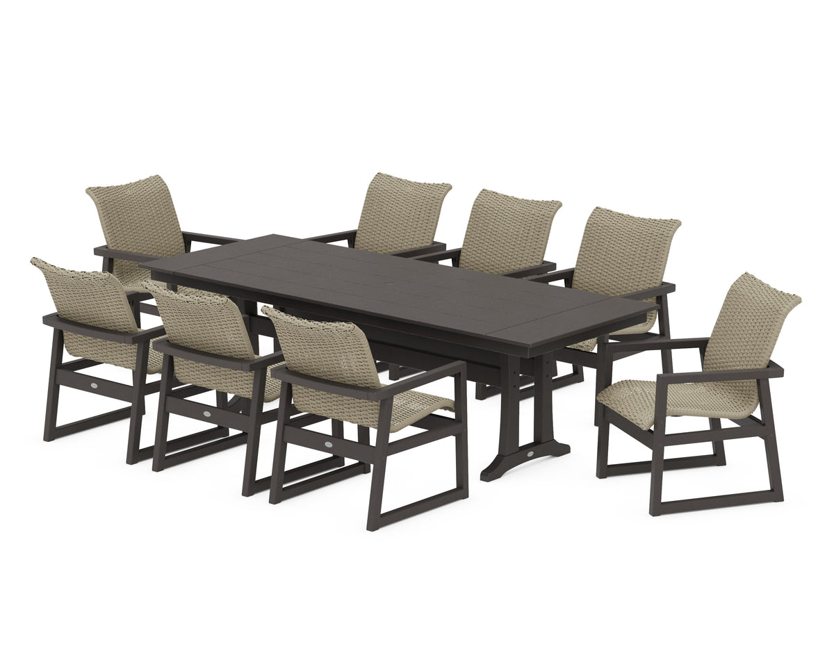 POLYWOOD EDGE Woven 9-Piece Farmhouse Dining Set with Trestle Legs in Vintage Coffee / Dune Grass