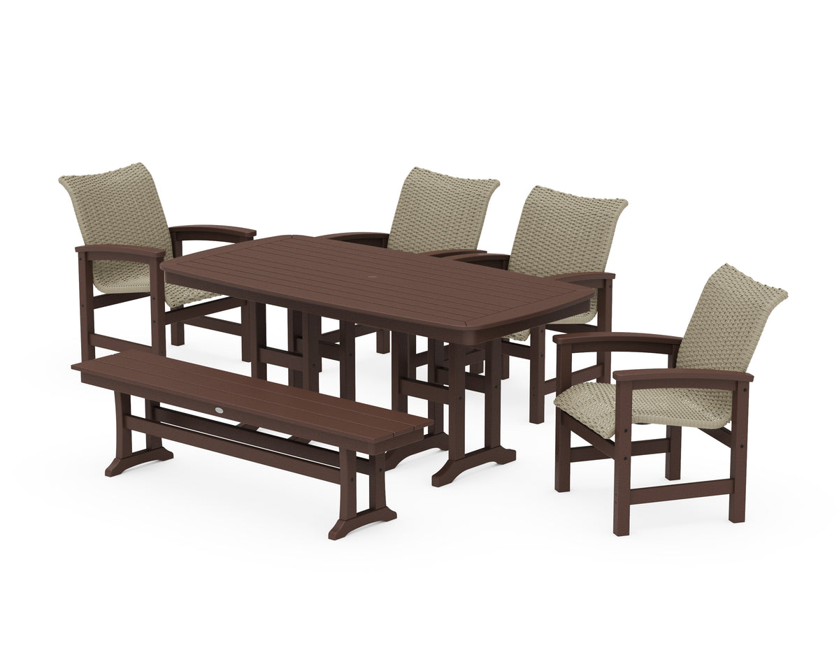 POLYWOOD Coastal Woven 6-Piece Farmhouse Dining Set with Bench with Nautical 37" x 72" Dining Table in Mahogany / Dune Grass