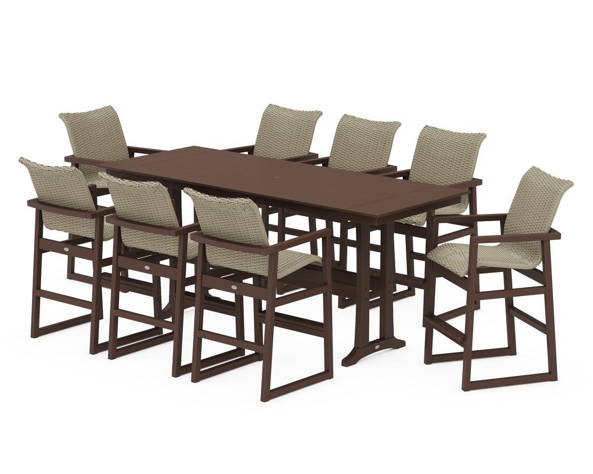 POLYWOOD EDGE Woven 9-Piece Farmhouse Bar Set with Trestle Legs in Mahogany / Dune Grass